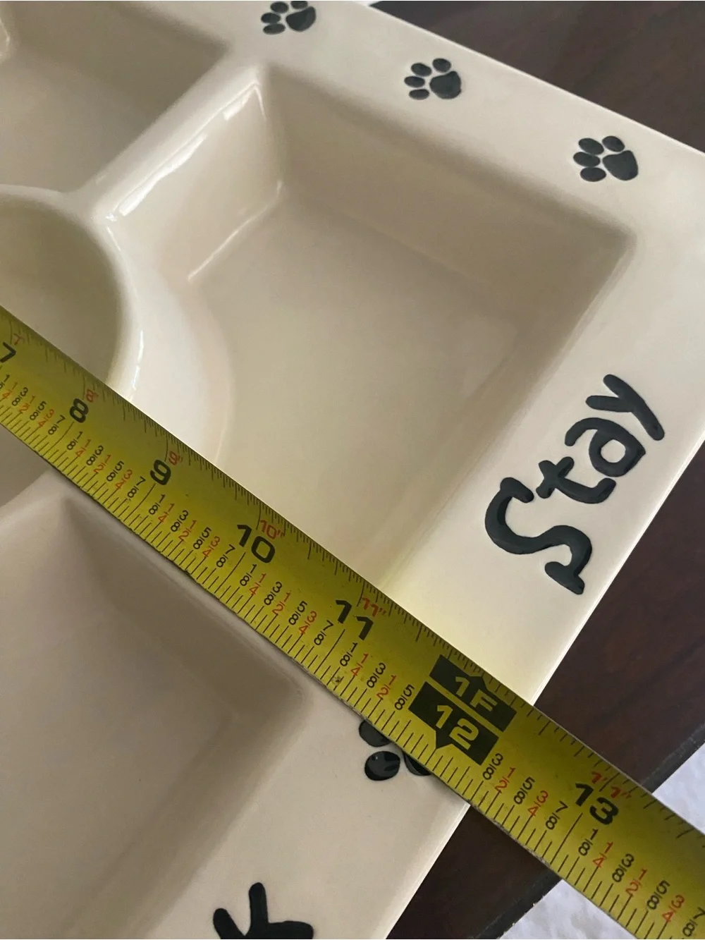 Ceramic Divided Platter with Paw Prints and the words SIT, EAT, DRINK, STAY
